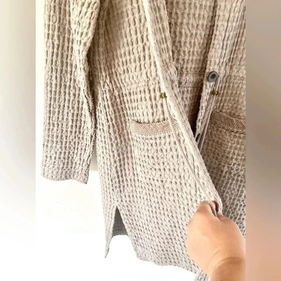 Monodoc LA Gray Hooded Waffle Knit Button Front Long Cardigan Jacket Size Medium - Picture 8 of 16